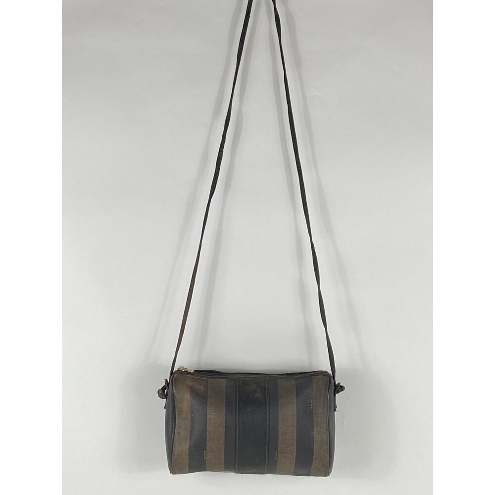 VTG 80s Fendi Pequin Striped Coated Canvas Crossbody Purse Women’s Brown F178